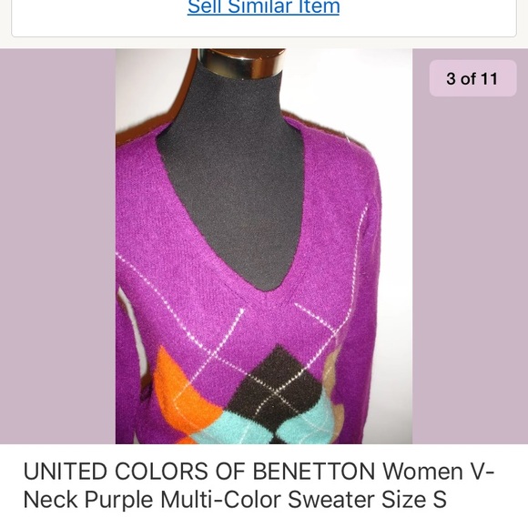 UNITED COLORS OF BENETTON Argyle V-Neck Purple Sweater S - Picture 6 of 8
